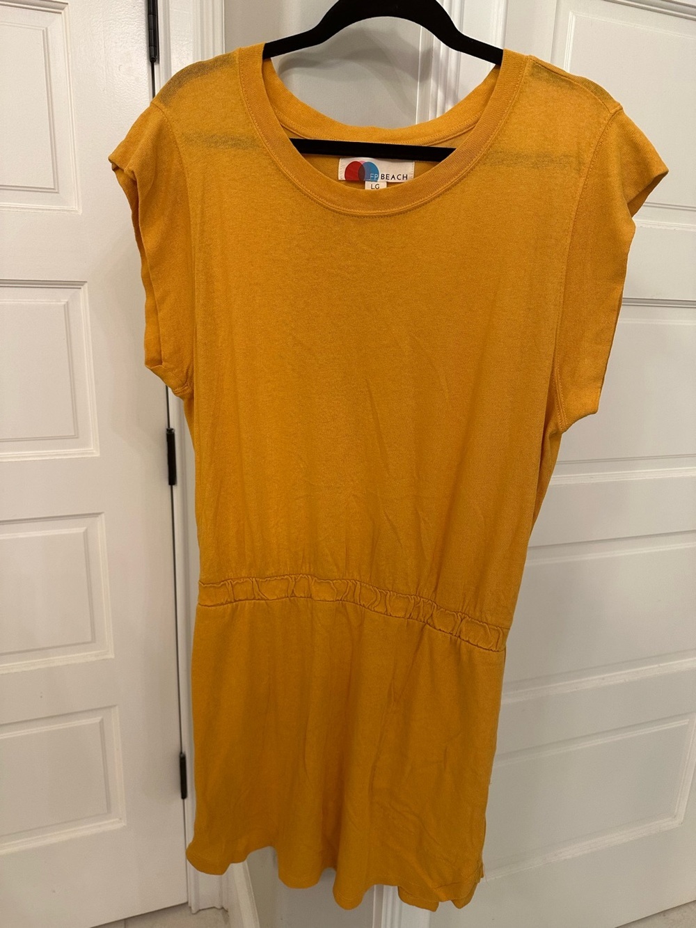 FP Beach Free People Mustard Elastic Cinch Waist Mini Dress Cotton Knit Sz Large